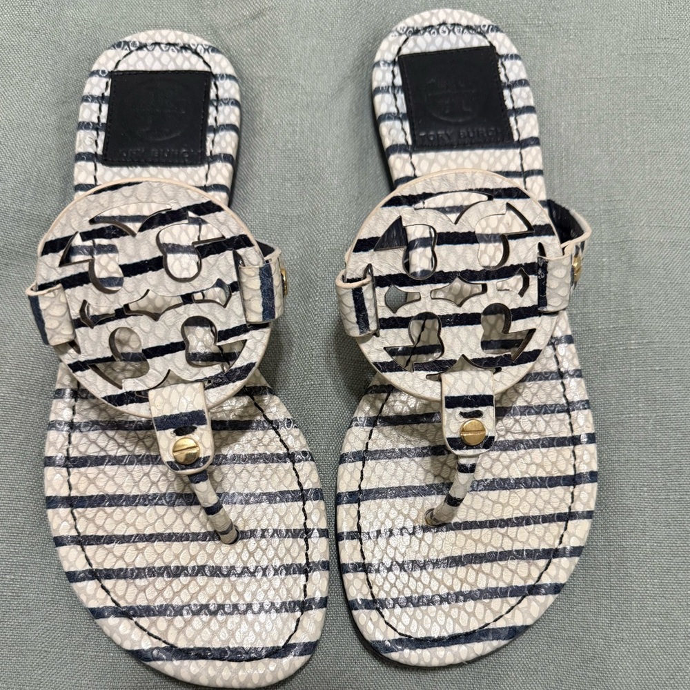 Tory Burch Navy and White Striped Sandals